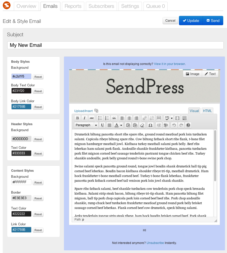 Sendpress email marketing plugin email editor screen preview